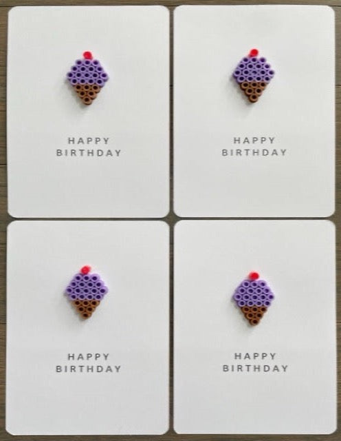 Picture of a set of 4 Happy Birthday cards with a purple ice cream cone on each