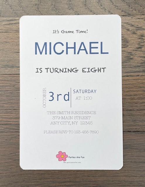 Picture of the back of the invitation with the customization information and Parties Are Fun logo