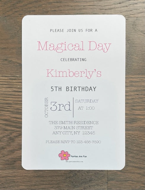 Picture of the back of the invitation with sample wording and Parties Are Fun logo